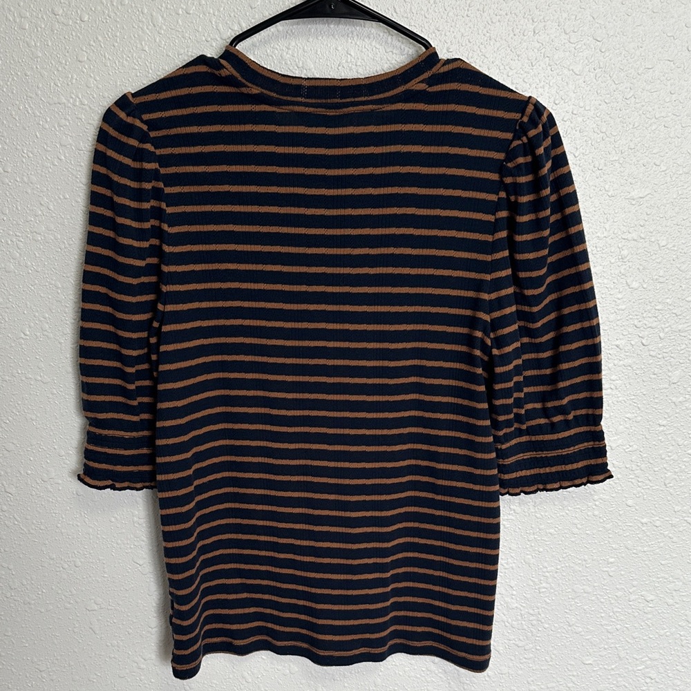 Lucky Brand Black and Brown Striped Puffed Sleeve Blouse Size Medium - Picture 4 of 9